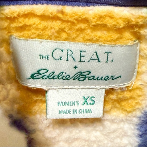 THE GREAT. EDDIE BAUER CHECKER PRINT PLUSH FLEECE 1/4 ZIP HIGH NECK SWEATER - Picture 6 of 9